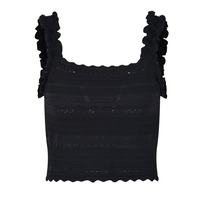 Ensemble deux pièces pour femme, haut et jupe en tricot noir à volants, nouvelle collection été 2021_voghion.com