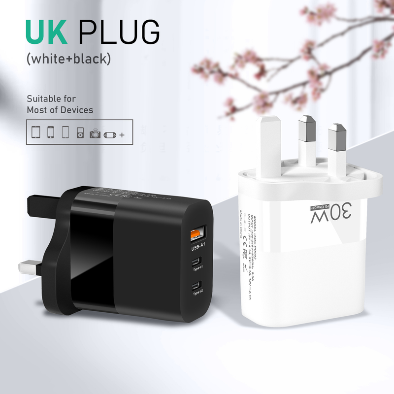 Caricabatterie per cellulare da 30 W con testina di ricarica rapida QC3.0 multiporta 2C+A standard britannico_voghion.com