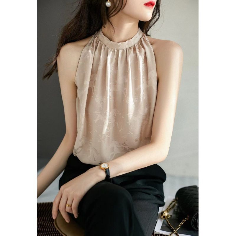 Chaleco con tirantes y cuello alto de jacquard para mujer, sin mangas, nuevo verano 2024, hombros en ángulo recto francés_voghion.com