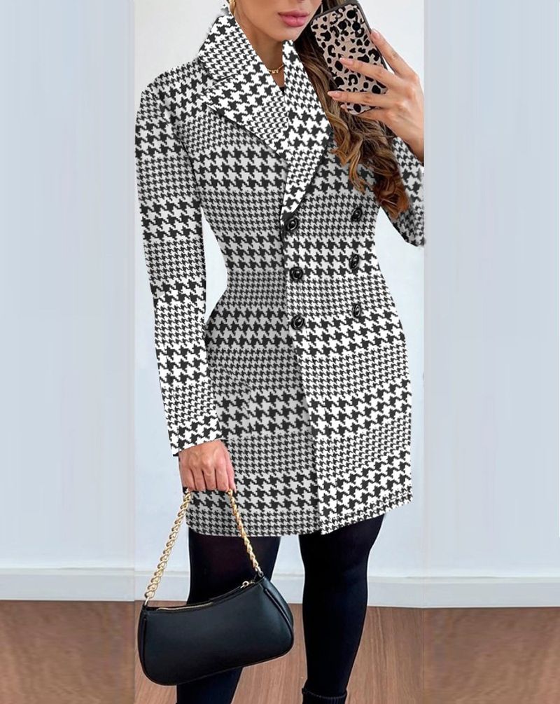 Abbigliamento da donna giacca piccola stampata con colletto doppiopetto a maniche lunghe stile caldo_voghion.com