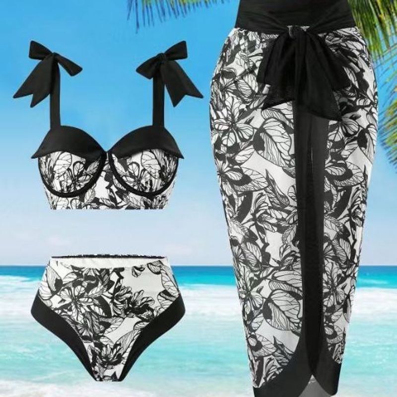 2025 New Plus Size Printed Gathered Backless Beach Dress Three-Piece Swimsuit Set For Women_voghion.com