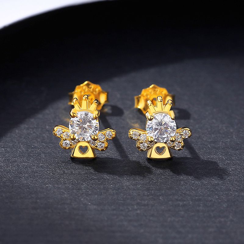 Mignon Zircon couleur or couronne aile boucles d'oreilles en argent Sterling brillant pierre concepteur coeur fille belle élégante boucle d'oreille_voghion.com