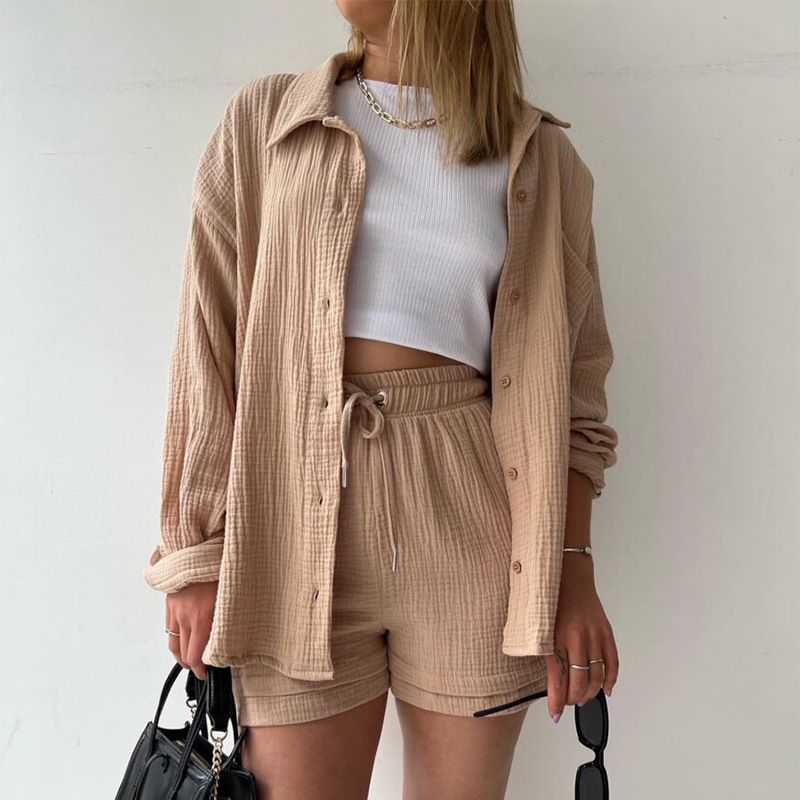 Lente kreukstof revers lange mouwen shirt met hoge taille trekkoord shorts plus size casual outfit set_voghion.com