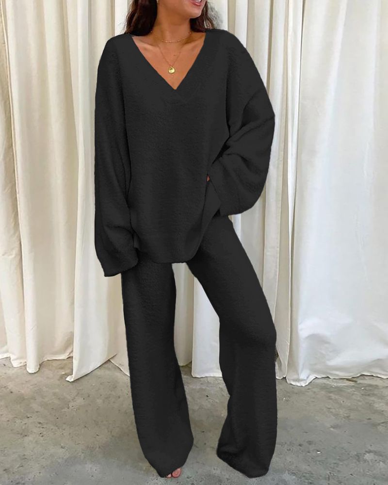 Fluffy V-neck Solid Color Casual Two-piece Suit_voghion.com