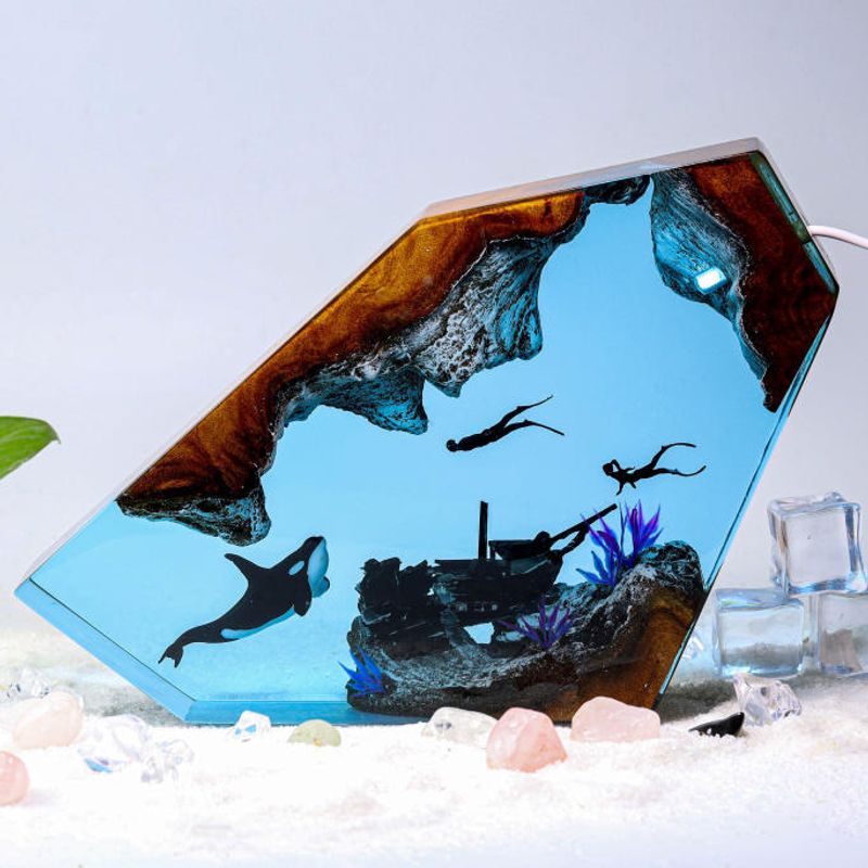 Orca e Mergulhador Noite Ornamento Personalizado Resina Oceano Luz de Madeira Casa Natal Presente Criativo_voghion.com