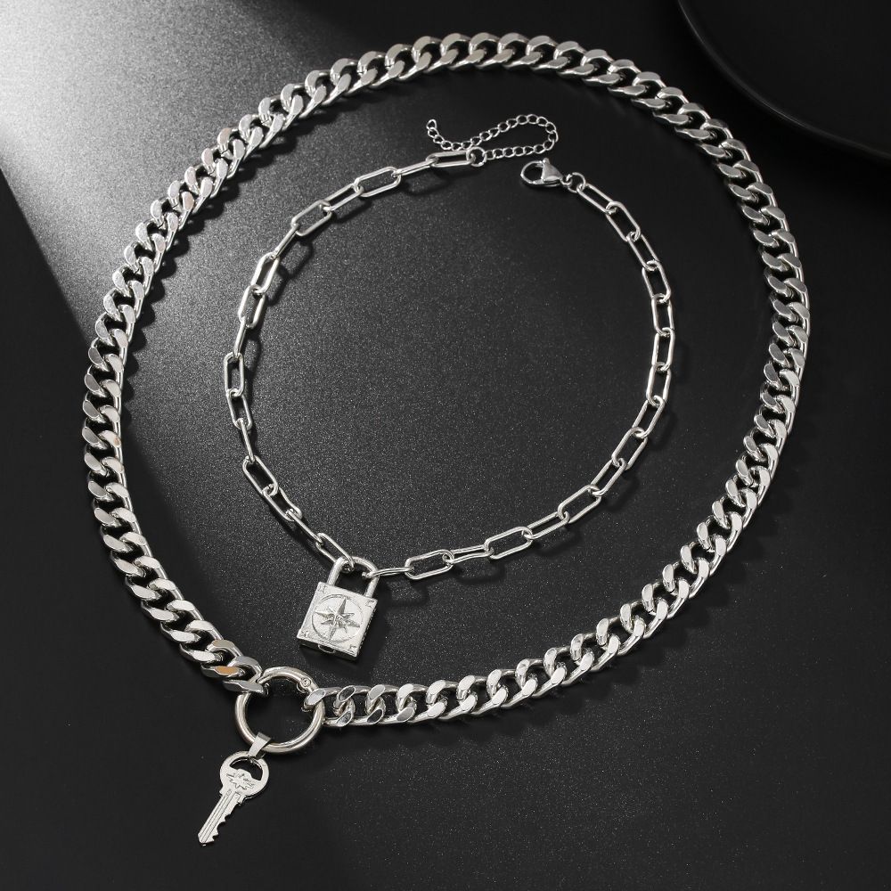 Double Layer Cuban Chain Necklace Retro Punk Lock Key Pendant Clavicle Chain Multi Layer Stacking Sweater Chain Female_voghion.com