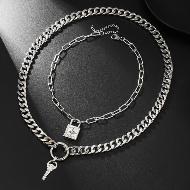 Double Layer Cuban Chain Necklace Retro Punk Lock Key Pendant Clavicle Chain Multi Layer Stacking Sweater Chain Female_voghion.com