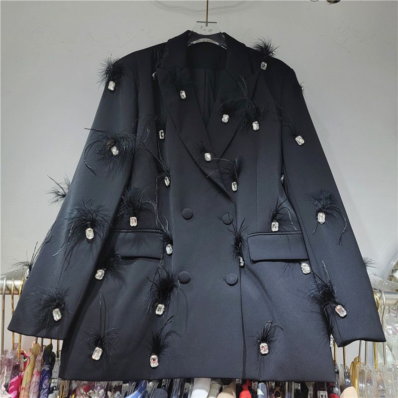 Women's Clothing High end French design rhinestone stitching feather double breasted loose ostrich feather suit jacket_voghion.com