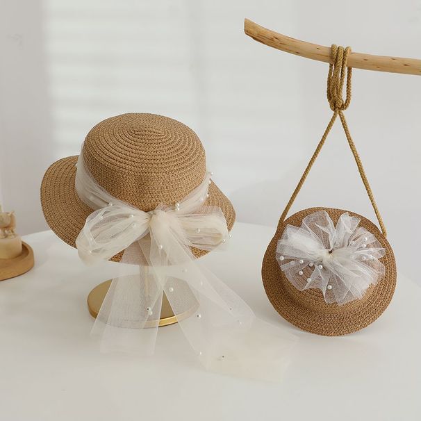 Vroča razprodaja 2 kosov kompleta dekliških klobukov, torbic za otroke, poletnih počitnic, ribiških klobukov, otroških princes, čipkastih bisernih pentljo, slamnatih sončnih kap._voghion.com