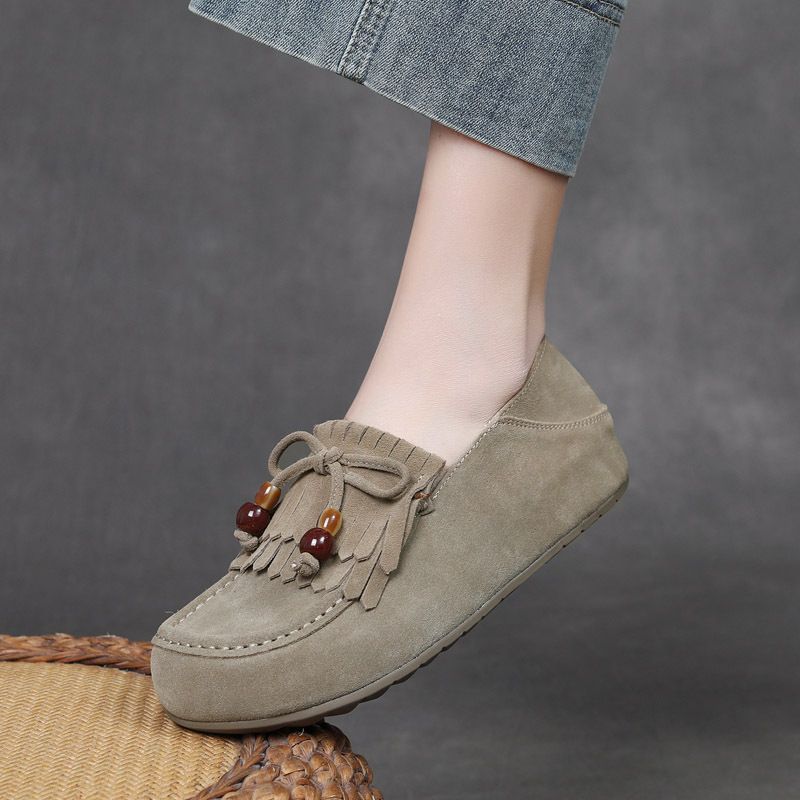 Jishu 2025 Autumn New Beaded Tassel Single With Hidden Wedge Loafers Genuine Leather Slip-On Shoes For Women, Two-Way_voghion.com