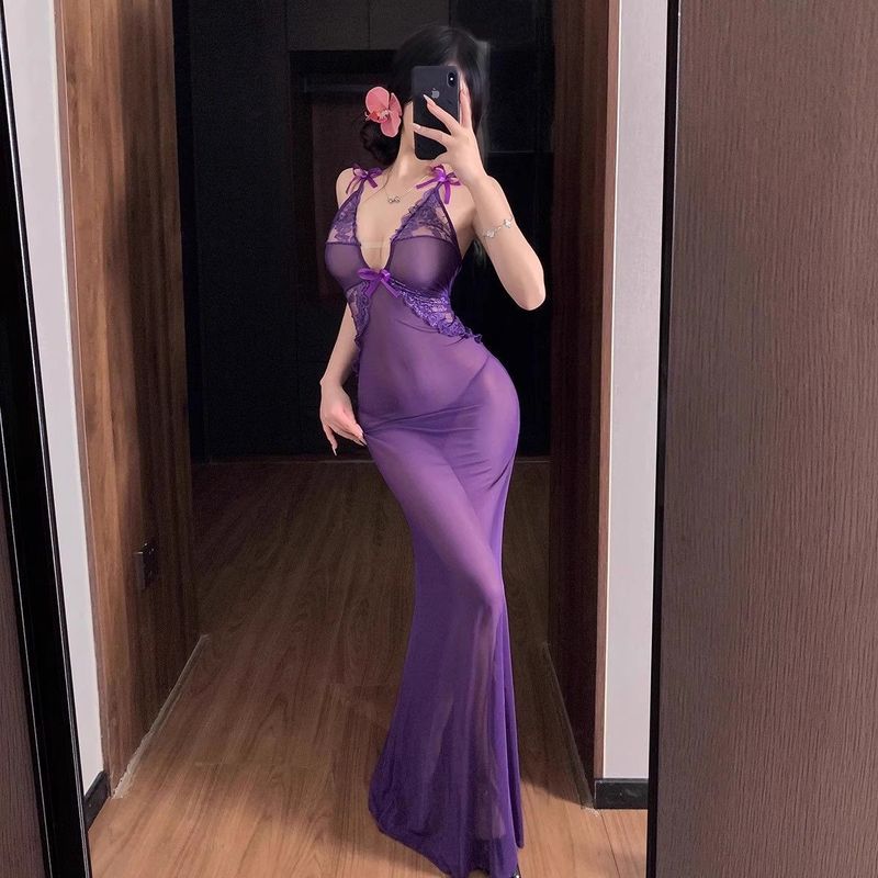 Seksowna bielizna fioletowa zabawa bodycon przezroczysty mundurek pokusa randka łóżko bez zdejmowania namiętny szlafrok piżama zestaw_voghion.com