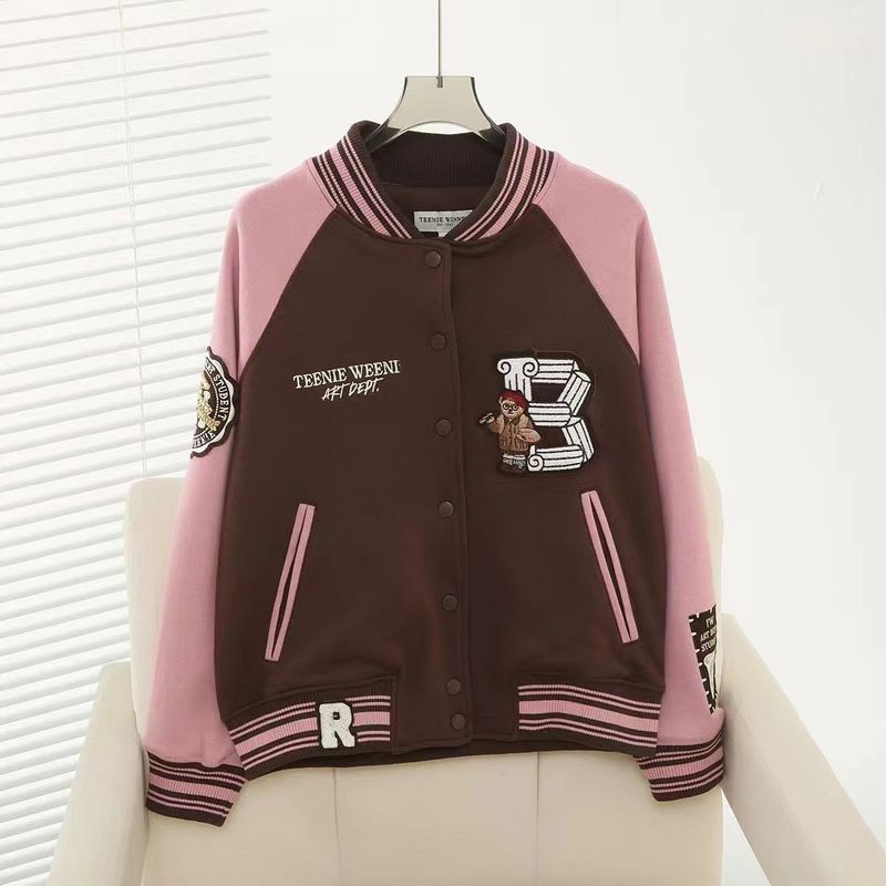 Neue Damenmode Retro College Style Kontrastfarbe Baseballjacke Bestickte Jacke_voghion.com