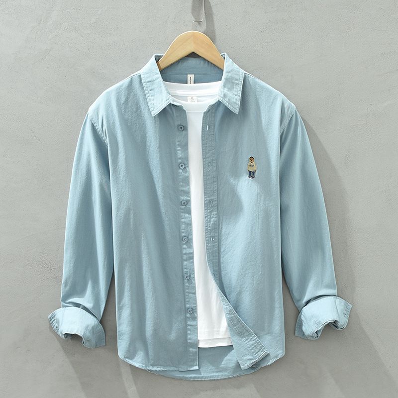 1378 Camicia casual a maniche lunghe in tinta unita in stile giapponese, artistica e versatile, giacca a maniche lunghe ricamata con orsacchiotto, una sostituzione_voghion.com