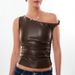 Y24TP647 Women's Autumn/Winter Twisted Strap Off Shoulder Leather Folded Short Open Umbilical Top T-shirt_voghion.com