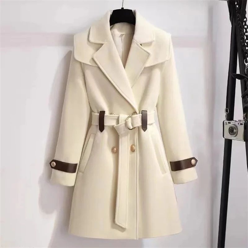 Veste en laine pour femme, manteau Long élégant avec ceinture fine, Beige et noir, nouvelle collection automne et hiver 2023_voghion.com