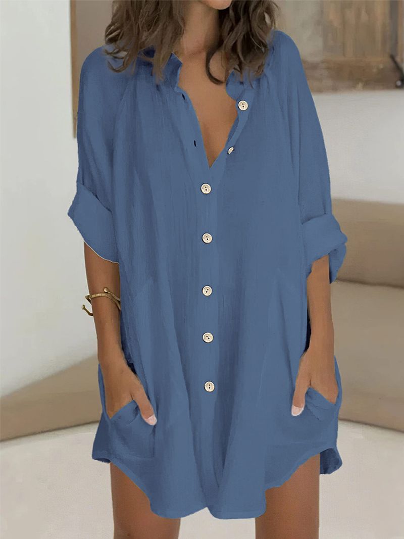 Camicia da donna in cotone e lino con bottoni, a maniche corte, di media lunghezza, ampia e comoda._voghion.com