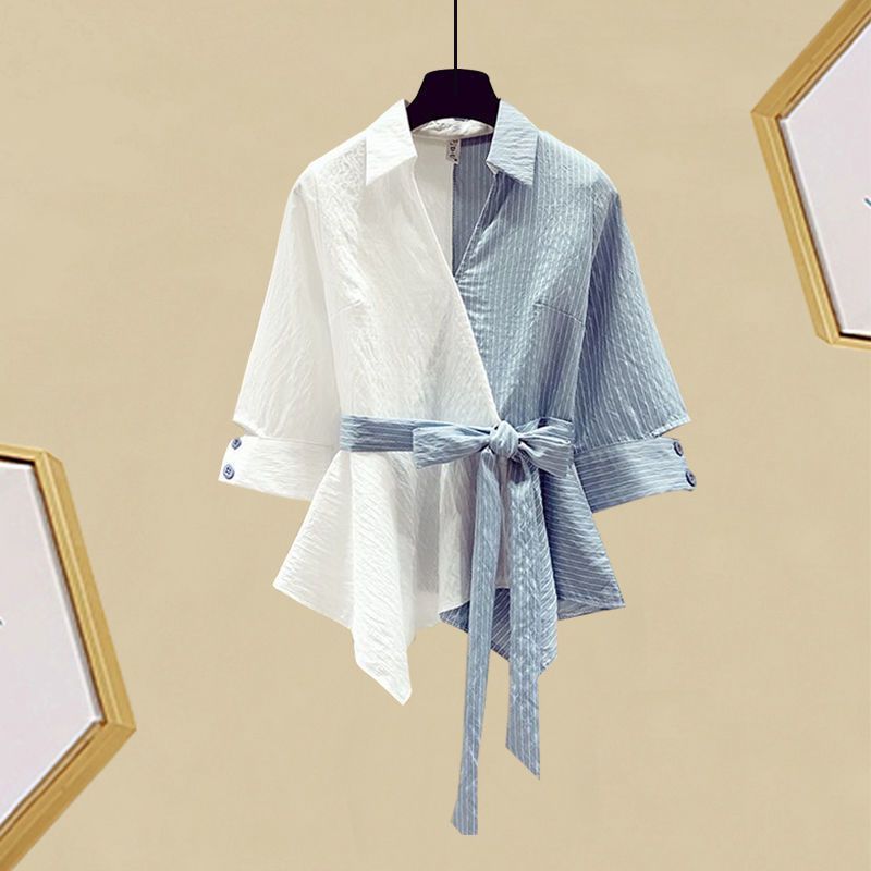 Women's Clothing Large Size Summer Suits Waist Slimming And Age Reducing Patchwork Shirt Skirt Two Piece Suit_voghion.com