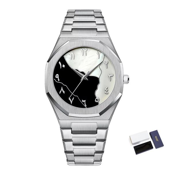 Business Men's Watch Black And White Spliced Shell Face, Stainless Steel Strap Arabic Numeral Dial Quartz Watches Hot Selling_voghion.com