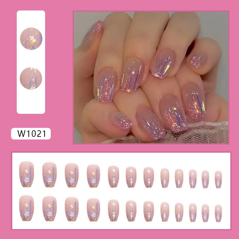 Kort ballet sprankelend roze paars pailletten Aurora Meteor explosieve pulp Mang ster met valse nagels_voghion.com