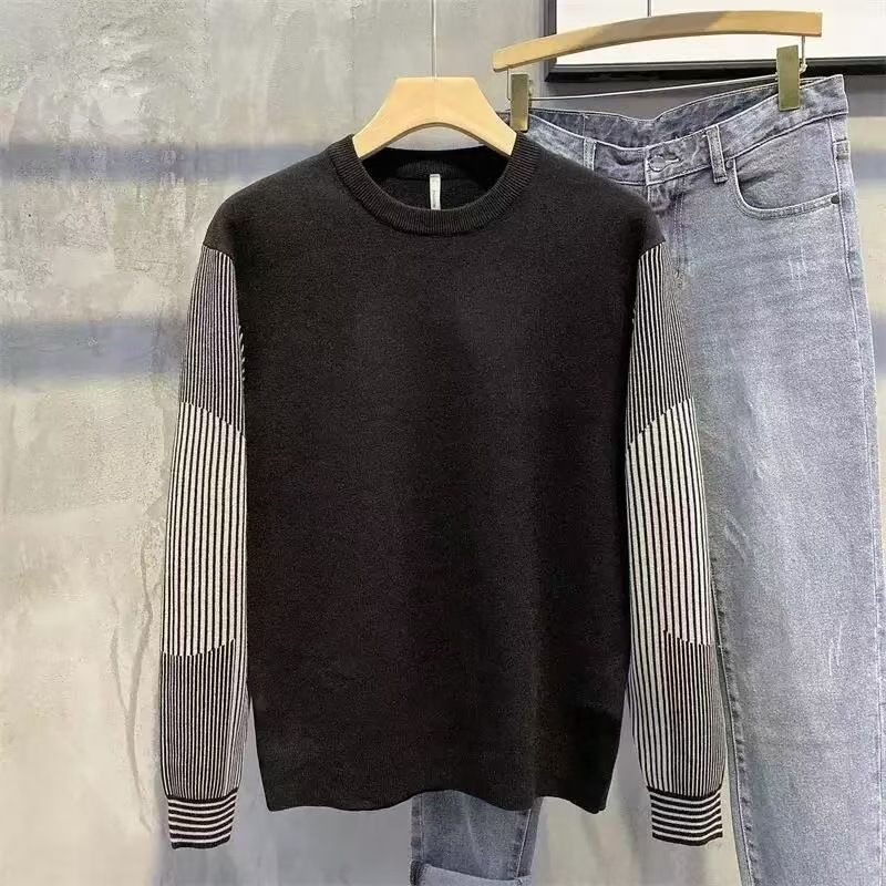 Maglione da uomo alla moda, maglione lavorato a maglia a righe - Pullover girocollo slim fit con design a blocchi di colore, casual ed elegante per autunno e inverno_voghion.com