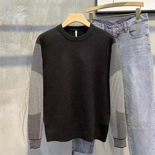 Maglione da uomo alla moda, maglione lavorato a maglia a righe - Pullover girocollo slim fit con design a blocchi di colore, casual ed elegante per autunno e inverno_voghion.com