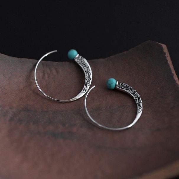 Orecchini a cerchio da donna eleganti, fatti a mano, in stile cinese, con turchese vintage, etnici e intarsiati in argento_voghion.com