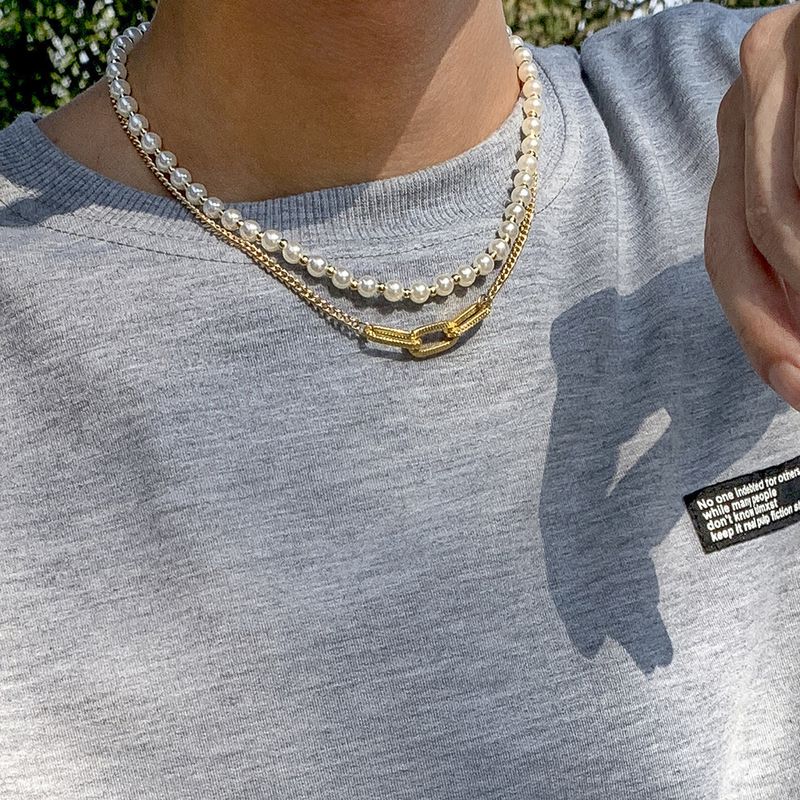 Chenyou Hip Hop Pearl Men's Trendy Cool Street Photo Geometric Metal Chain Necklace_voghion.com