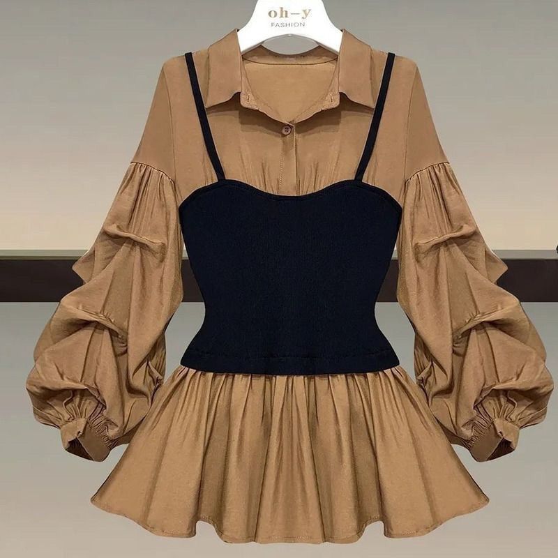 Maglietta a due pezzi con cuciture, snellente e dimagrante, per ragazze grasse, primavera e autunno, taglie forti_voghion.com