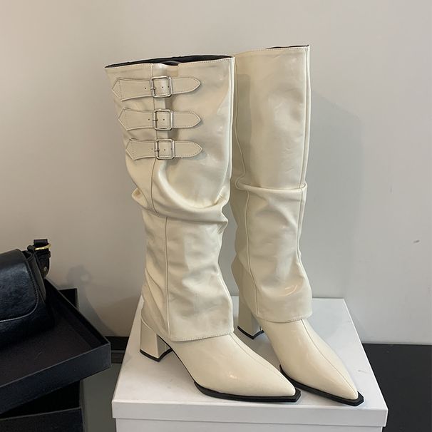 Women's Shoes Retro Pointed Toe Hot Girl Style High Heeled Boots Women's Boots New Thick Heel Pleated Pile Boots_voghion.com