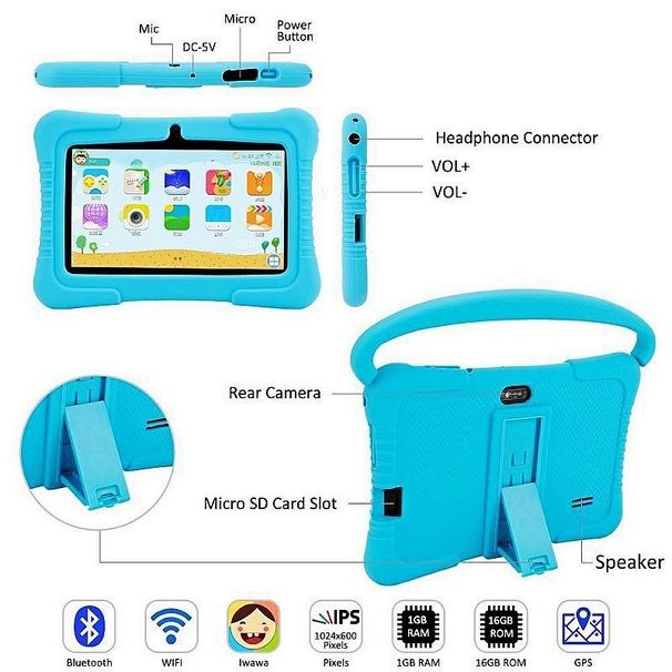 Tablet infantil de 7 polegadas com Android 10, tela IPS quad-core, Bluetooth, câmera dupla, WiFi, tablet educacional e de aprendizagem com caneta stylus e acessórios_voghion.com