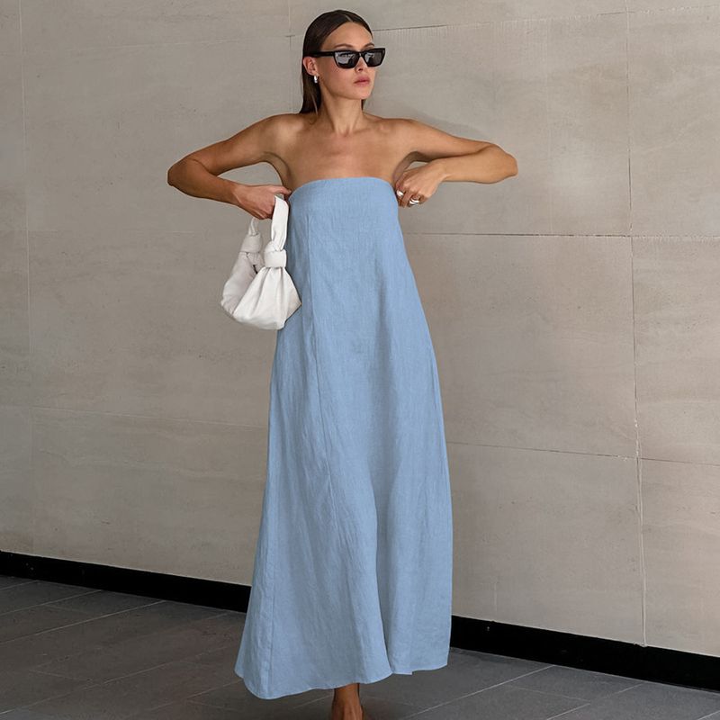 Women's Clothing Personality Design Simple Dress Slim Temperament Tube Top Solid Color Long Dress_voghion.com