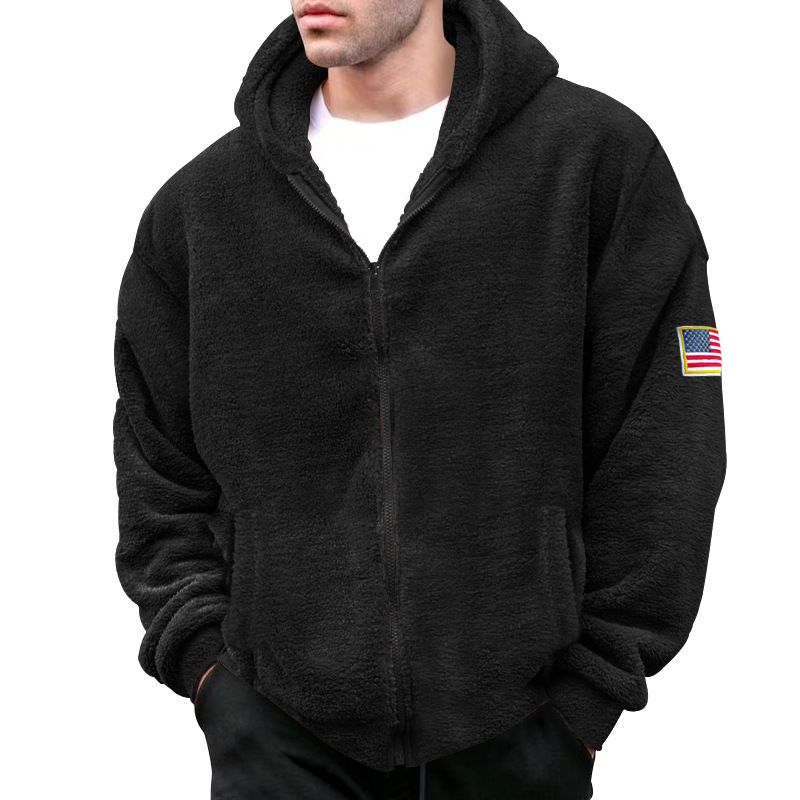 Men's reversible fleece warm hooded zipper casual flag logo jacket_voghion.com