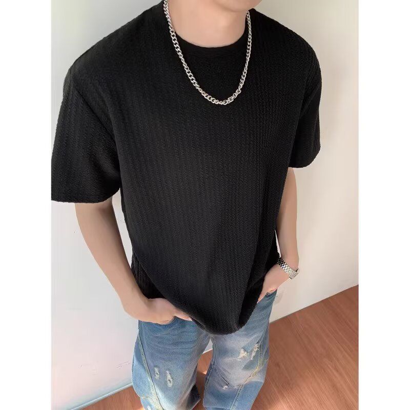 Herrenbekleidung Strukturiertes, einfarbiges, kurzärmliges Rundhals-T-Shirt mit einfachem, vielseitigem Oversize-Design für Jugendliche_voghion.com