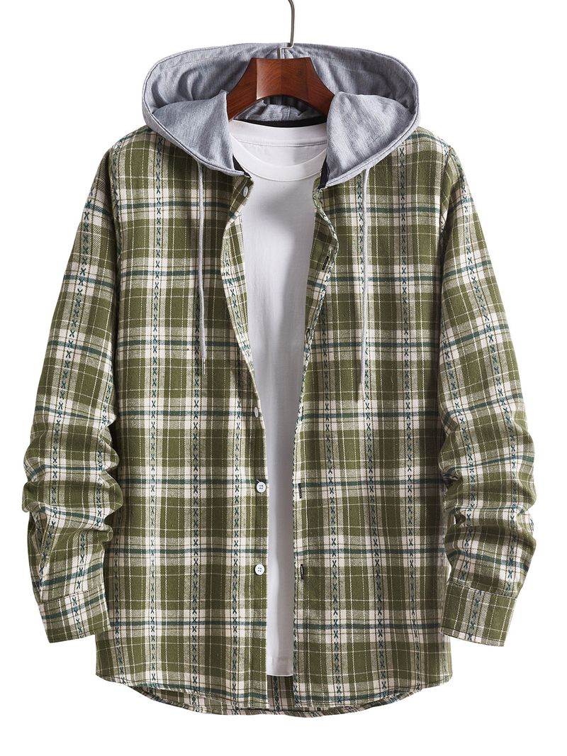 Camicia a quadri retrò Art Camicia casual ampia Cappotto New Plus Size Manica lunga con cappuccio spazzolato_voghion.com