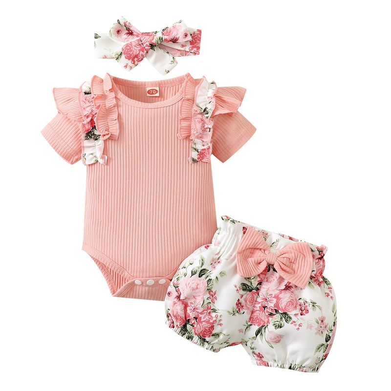 INS Summer European And American Cross Border Infant Girls Ruffle Romper + Pants + Hairband Three Piece Set Wholesale_voghion.com