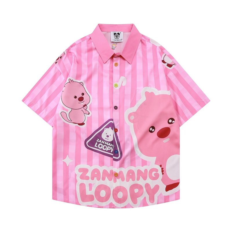 Men's clothing girly pink mouse shirt short-sleeved men and women spring and summer couple high street casual button-down shirt_voghion.com