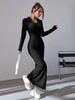 Women's clothing knitted dress casual waist V-neck pit strips slimming and hip hair coverage_voghion.com