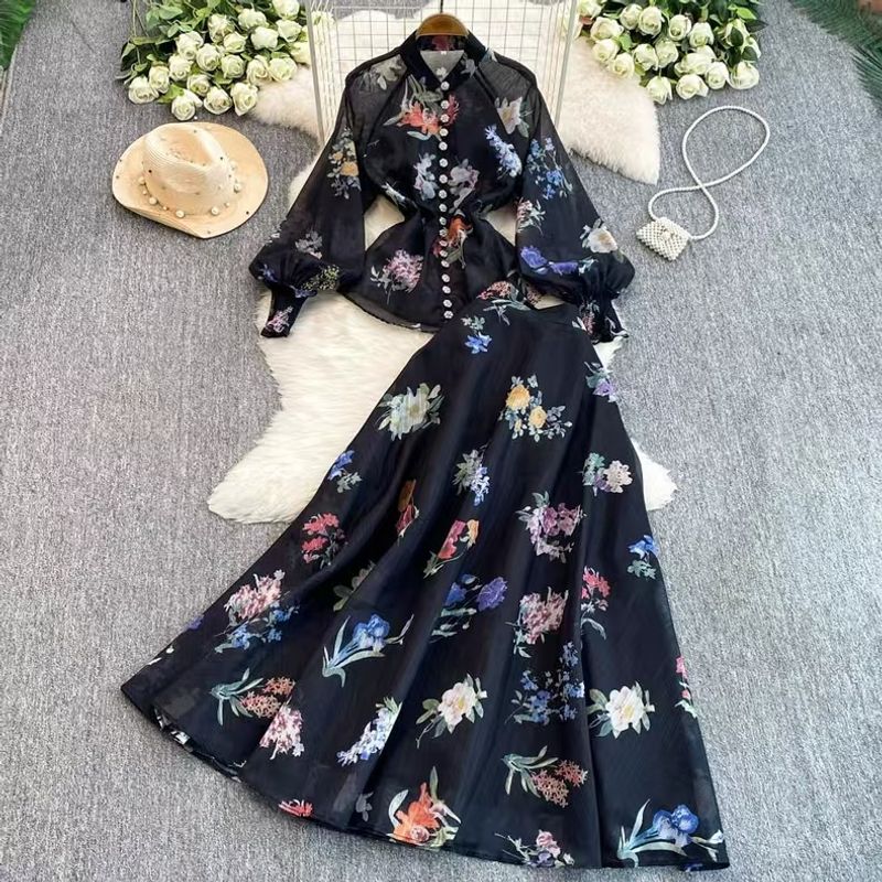 Conjunto de dos piezas de alta gama con estampado retro, camisa de manga farol, falda de largo medio y estampado de gasa para primavera_voghion.com