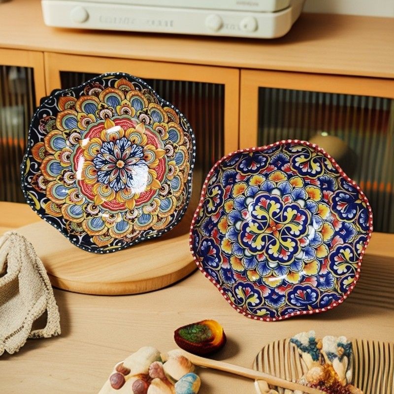 2er-Pack 7,25 Zoll große Keramikschalen im Bohemian-Stil – handbemalter Blumenrand, elegantes und langlebiges Geschirr für Esszimmer und Heimdekoration_voghion.com
