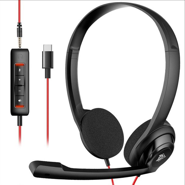 HW02 Lightweight Bilateral Wired Headset With 3.5mm & Type-C Jack For PC/Office/Telecom (Adjustable Headband, Noise-Canceling Mic)_voghion.com