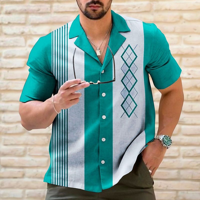 Camicia da uomo, camicia da bowling, motivo a righe, colletto cubano, casual, a maniche corte_voghion.com