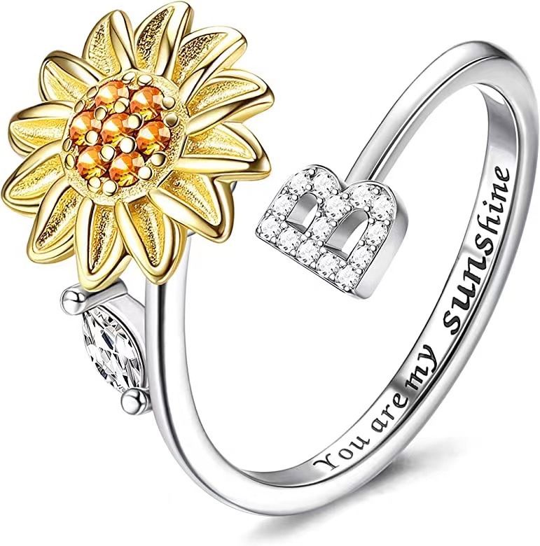 Sonnenblumen-Drehring für Damen, 26 englische Buchstaben, Sonnenblumen-Drehring_voghion.com