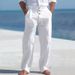 Men's Cotton Linen Drawstring Pants With Button Decor - Straight Leg Breathable Summer Beach Trousers For Casual Comfort_voghion.com