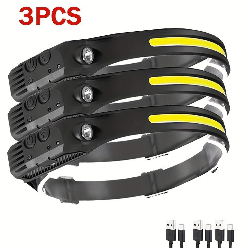 3-częściowa latarka czołowa COB i LED, wielotrybowa latarka indukcyjna, zewnętrzna latarka czołowa z czujnikiem ruchu, ładowalna do biegania, kempingu, wędrówek itp._voghion.com