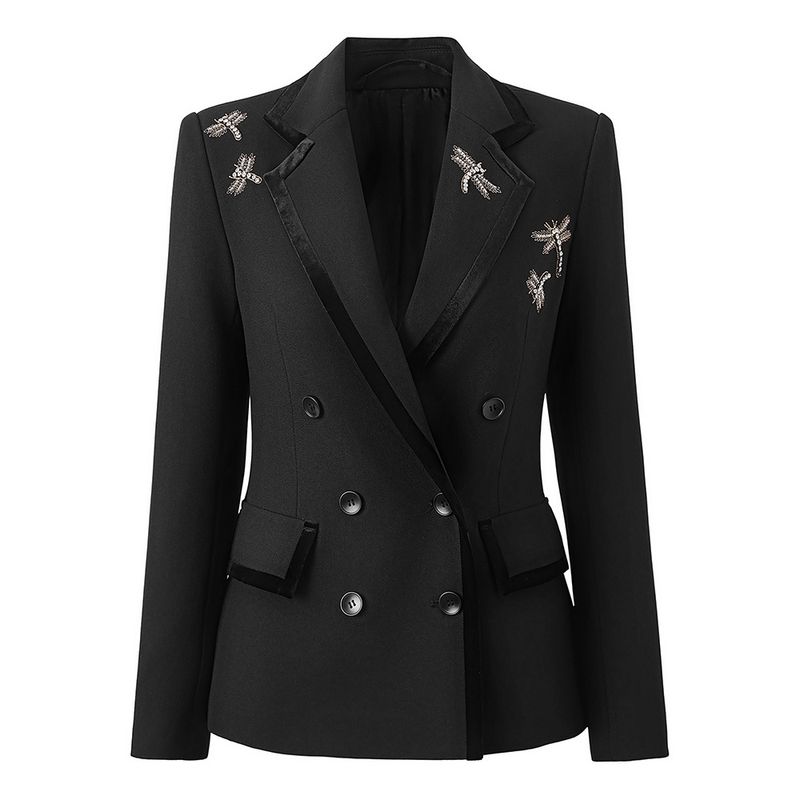 Vêtements pour femmes automne haut de gamme bord de velours veste de costume à double boutonnage costume brodé de libellule de diamant à ongles lourds_voghion.com