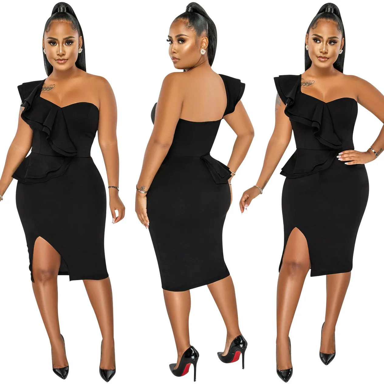 Women's Clothing fashion casual ruffled slit one shoulder sleeve dress women's clothing_voghion.com