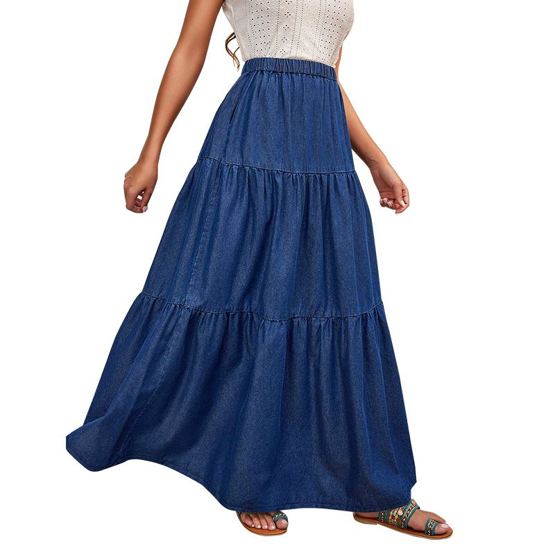 Gonna lunga classica in denim da donna – Gonna lunga a trapezio con vita alta in blu scuro (S-XXL)_voghion.com