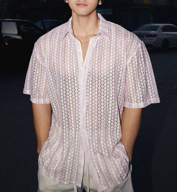 Camicia a maniche corte traforata estiva da uomo, ampia e casual, Ins Niche_voghion.com