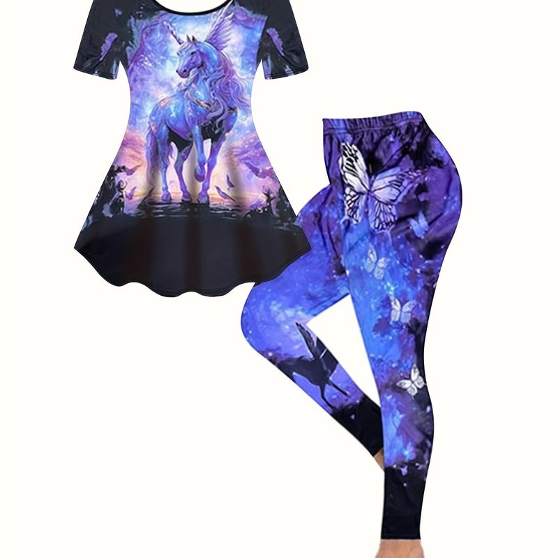 Plus Size Elegant Outfits Set, Women 's Plus Tie Dye Butterfly Print Round Neck Short Sleeve Pleated Top & Leggings Outfits Two Piece Set_voghion.com