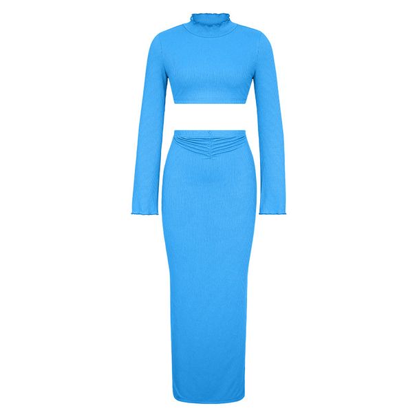 Women's temperament set solid color crop trumpet sleeve top pleated long skirt_voghion.com